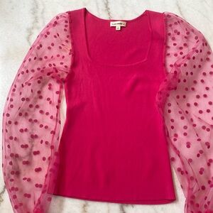 Retro Square Neck Tops Slim Fit Semi Sheer 3/4 Mesh Sleeve Top